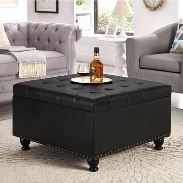 30 Inch Square Ottoman with Storage Oversized Button Tufted Storage Ottoman with Nail Trims Faux Leather Padded Seat
