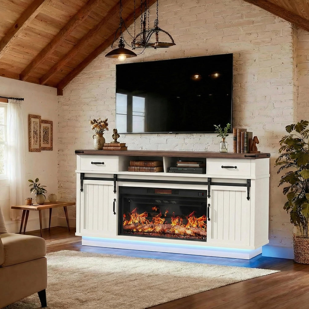 70'' Fireplace TV Stand with 36'' Electric Fireplace, Tall Farmhouse TV Stand for 65/75 Inch TV, Entertainment Center