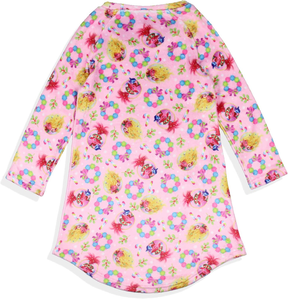 Trolls Girl's Sweetest Holiday Poppy And Viva Plush Fleece Raglan Kids Pajama Nightgown