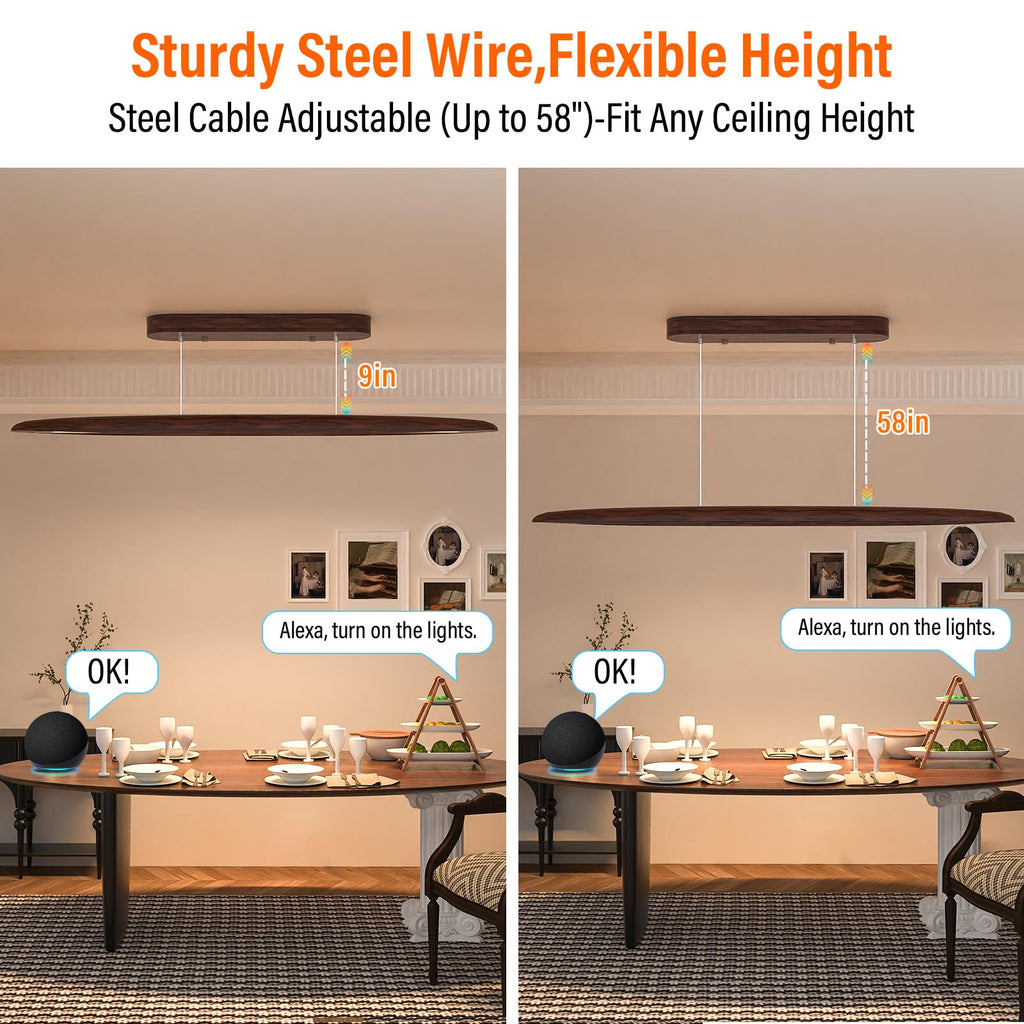44" Wood Linear Pendant Light, 30W LED Dimmable Island Lights