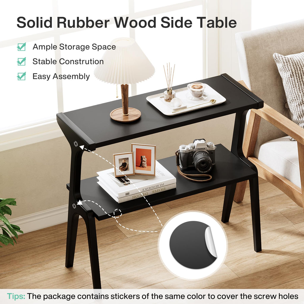 2-Tier Solid Wood Side Table, Modern Black End Table with Storage Shelves, Tall Slim Side Table for Couch with Unique