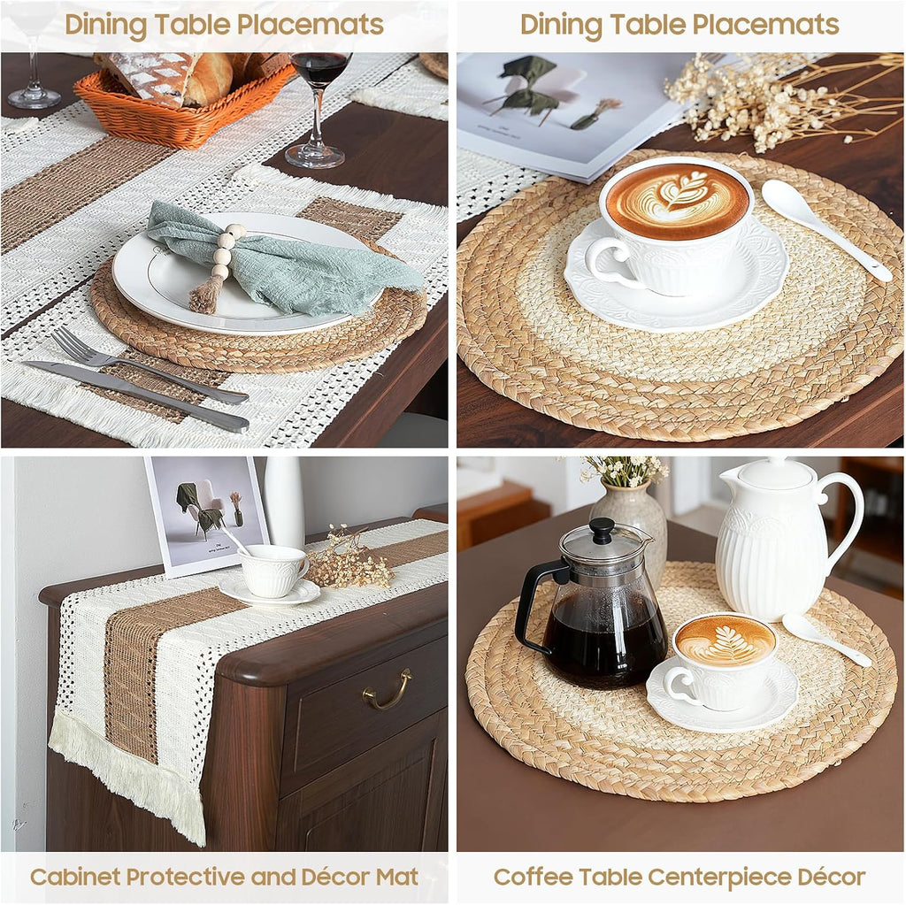 Handmade Boho Placemats Set of 6 - Natural Cotton Burlap and Water Straw Woven Combination Table Mats, Macrame Décor
