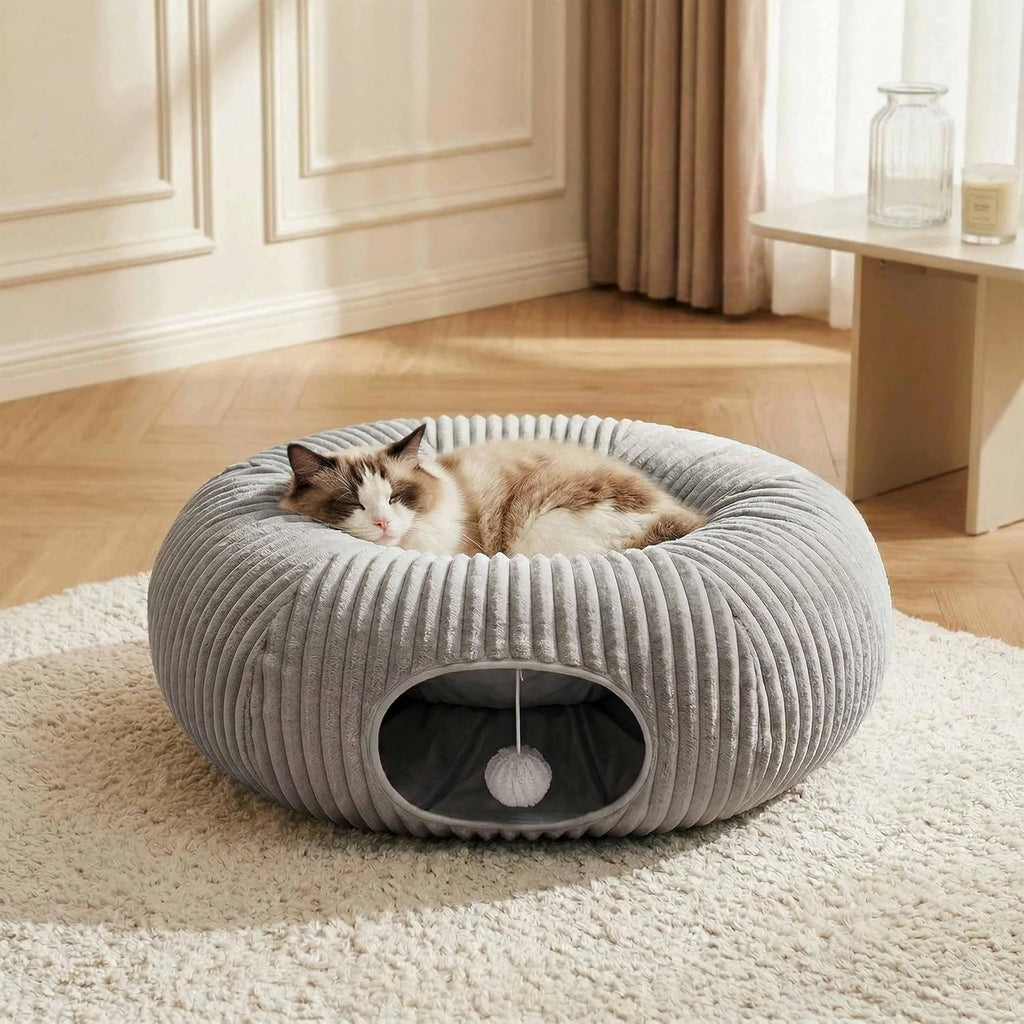 Cat Tunnel Bed for Indoor Cats, Peekaboo Cat Cave Bed, Grey