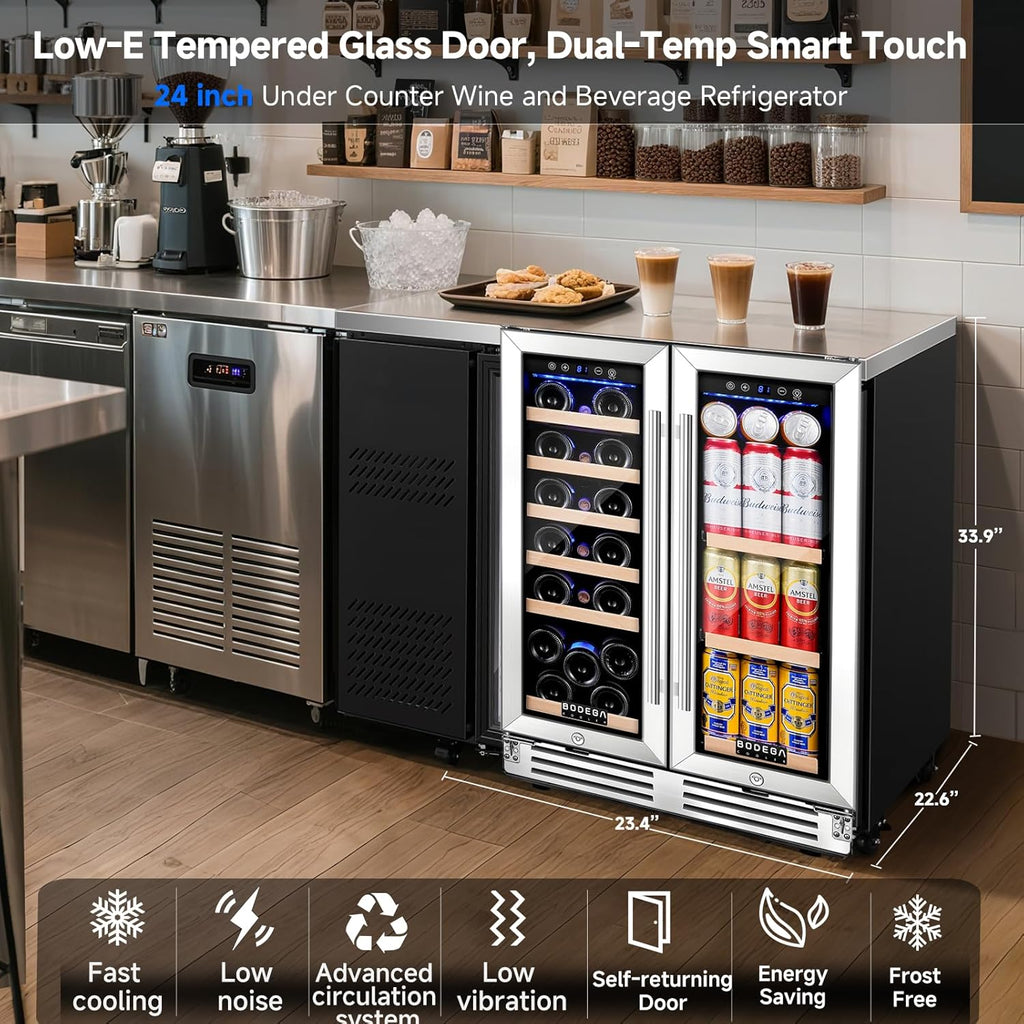24 Inch Wine and Beverage Refrigerator, Dual Zone Wine and Bar Beverage Cooler