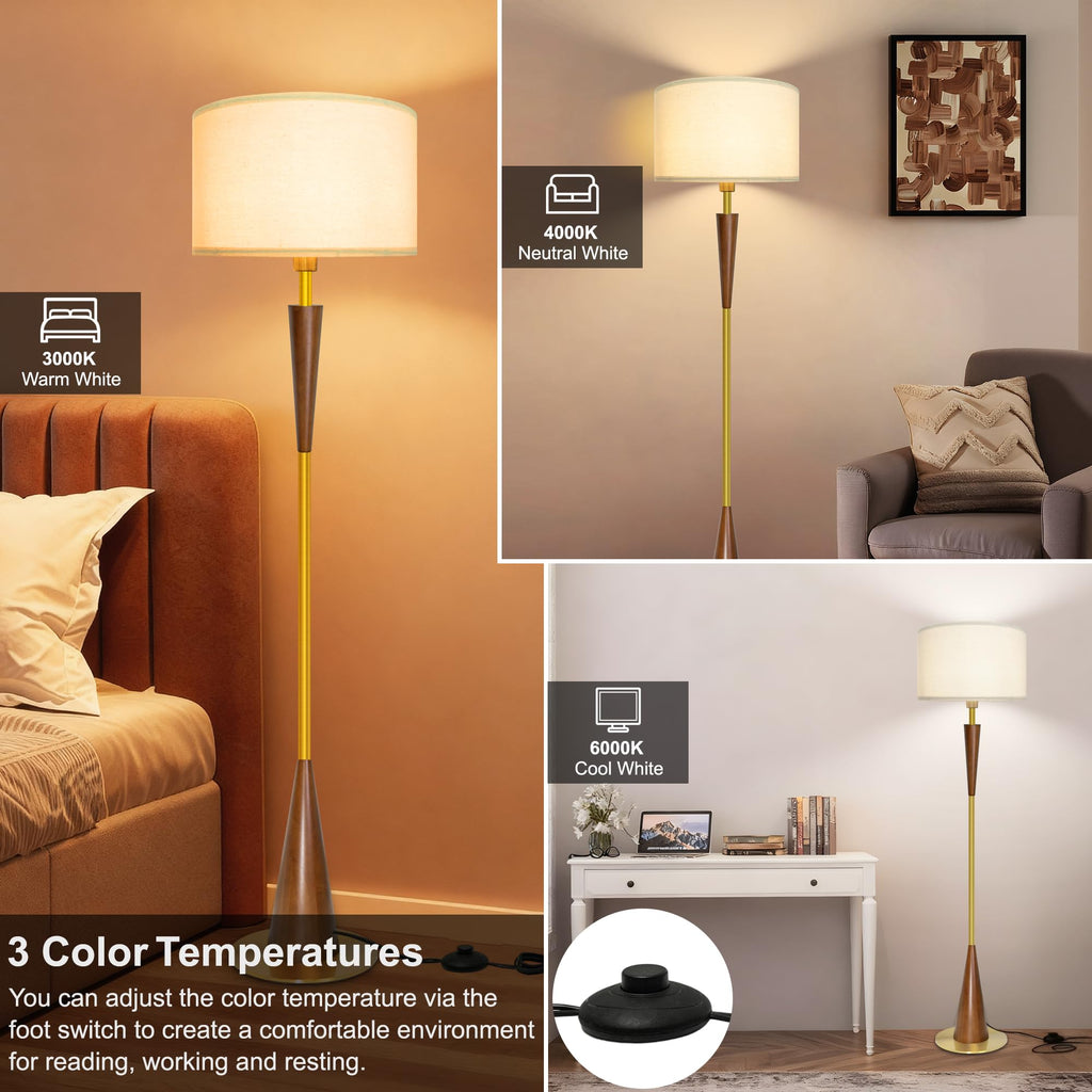 Floor Lamps, 61.5" Wood Floor Lamp, Retro Farmhouse Standing Lamp Includes 9W Bulb with 3-Color Temperature, Tall Lamp