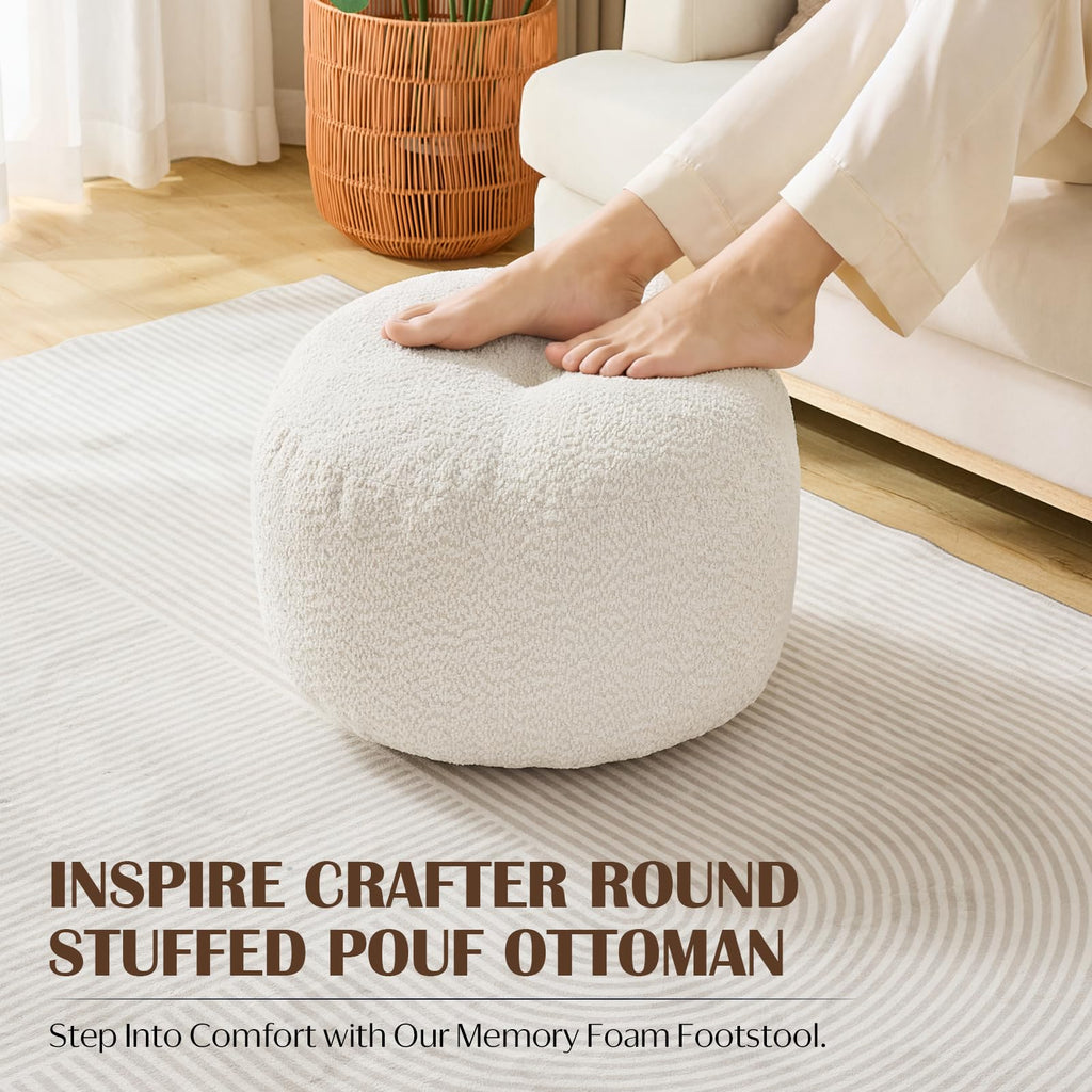Round Ottoman, Chenille Pouf Foot Rest, Beige, 20x15 in