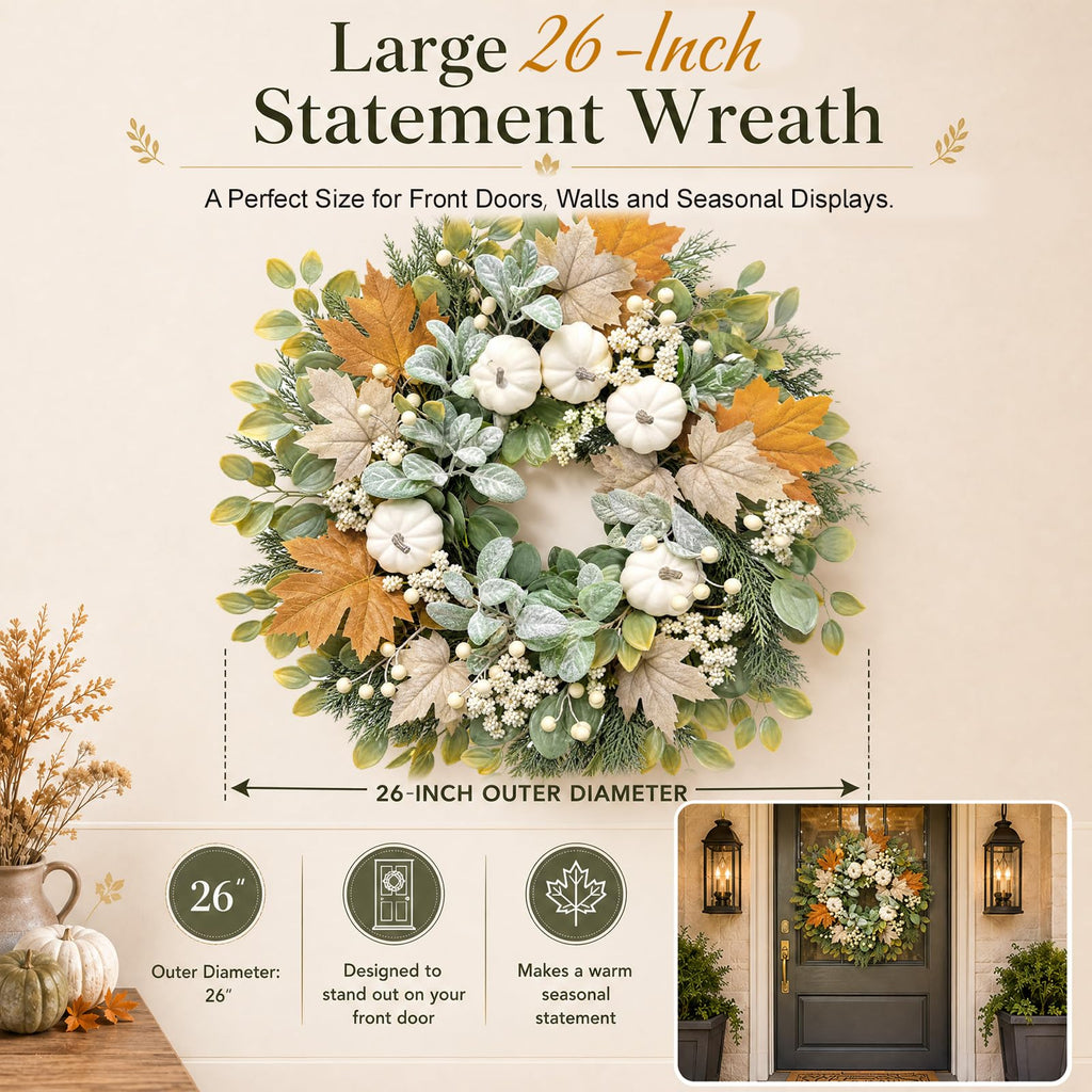 26 Inch Fall Wreaths for Front Door, Artificial Autumn Wreath