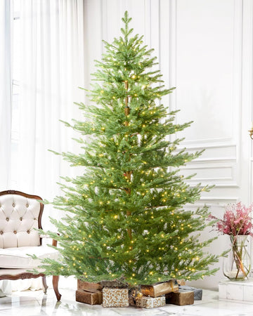 Pre-lit Christmas Tree 7.5ft Aspen Fir, 750 Warm White & Multi-Color LED Lights, Hinged Holiday Xmas Artificial Tree