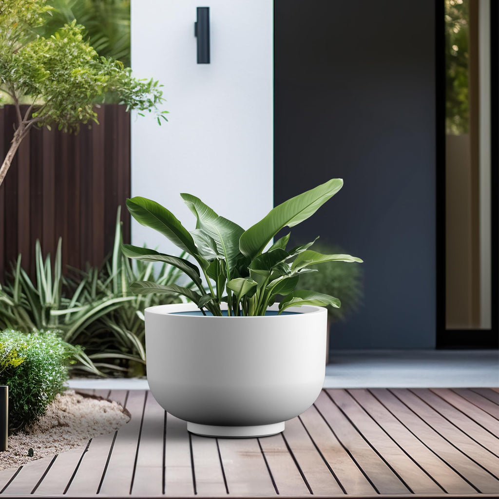 Accent Round Pedestal White Concrete Planter 17.7" Dia, Outdoor