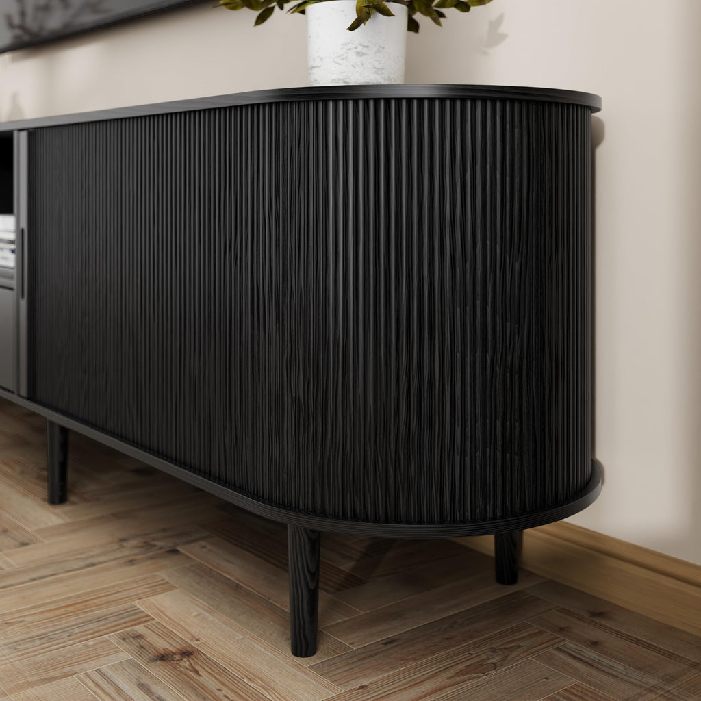86.6" Fluted TV Stand with Power Outlet for TVs up to 90", TV Console with Adjustable Shelves and Sliding Door, Mid