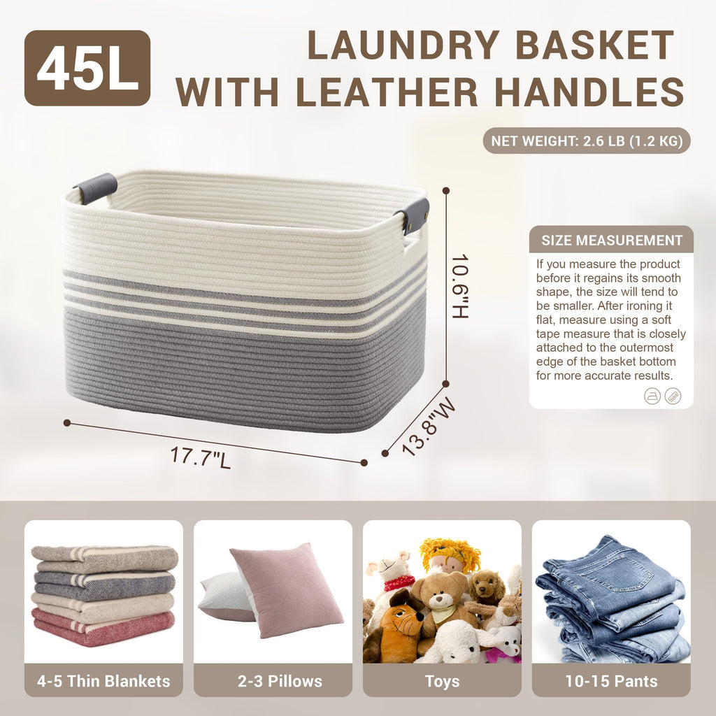 45L Small Woven Laundry Basket Hamper with Leather Handles,Grey