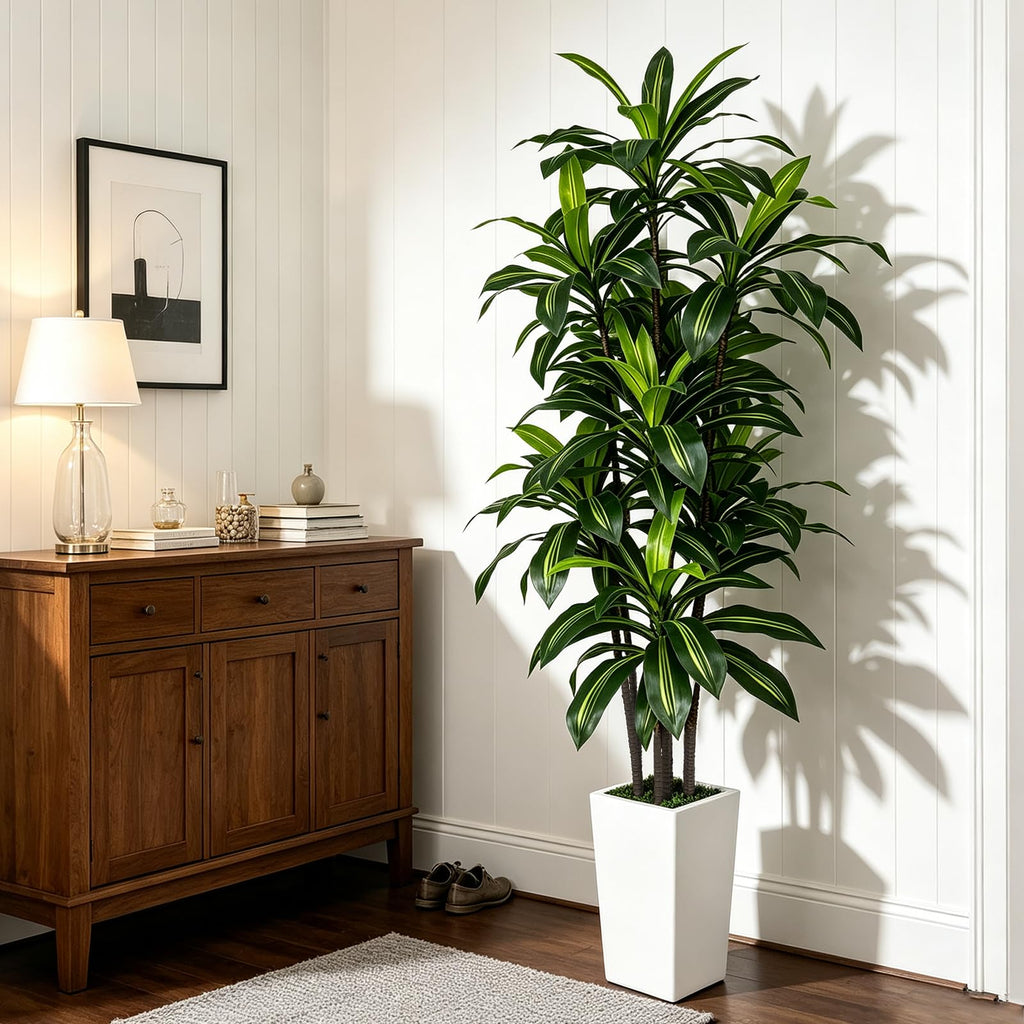 7FT Artificial Dracaena Tree with Tall White Planter - Large Fake Tree with Lifelike Leaves - Tall Faux Floor Plants