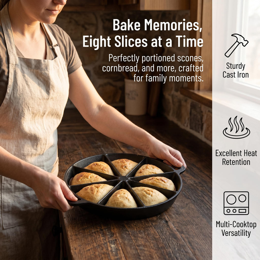 Cast Iron Wedge Pan, Non stick Round Corn Bread Skillet, Black 8-edges Biscuit Pans with Double Handles for Scones
