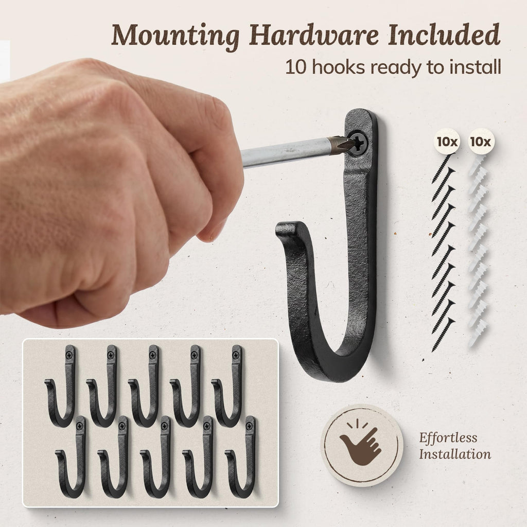 Railroad Spike Cast Iron Hooks (10 Pack) Handmade Blacksmith, Wall Mounted Farmhouse Decorative Hooks, PowderCoated