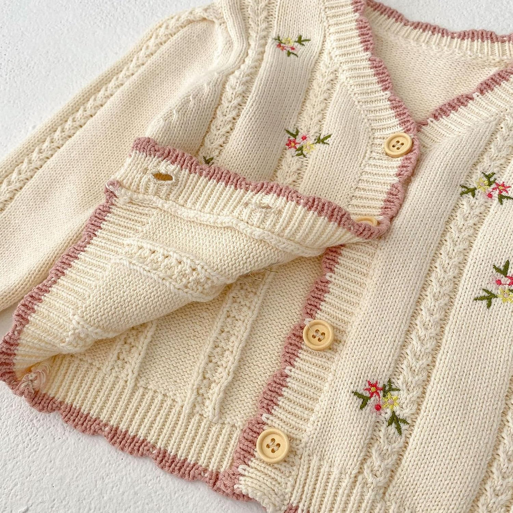 Baby Girls Cotton Small Floral Embroidery Cardigan Sweater