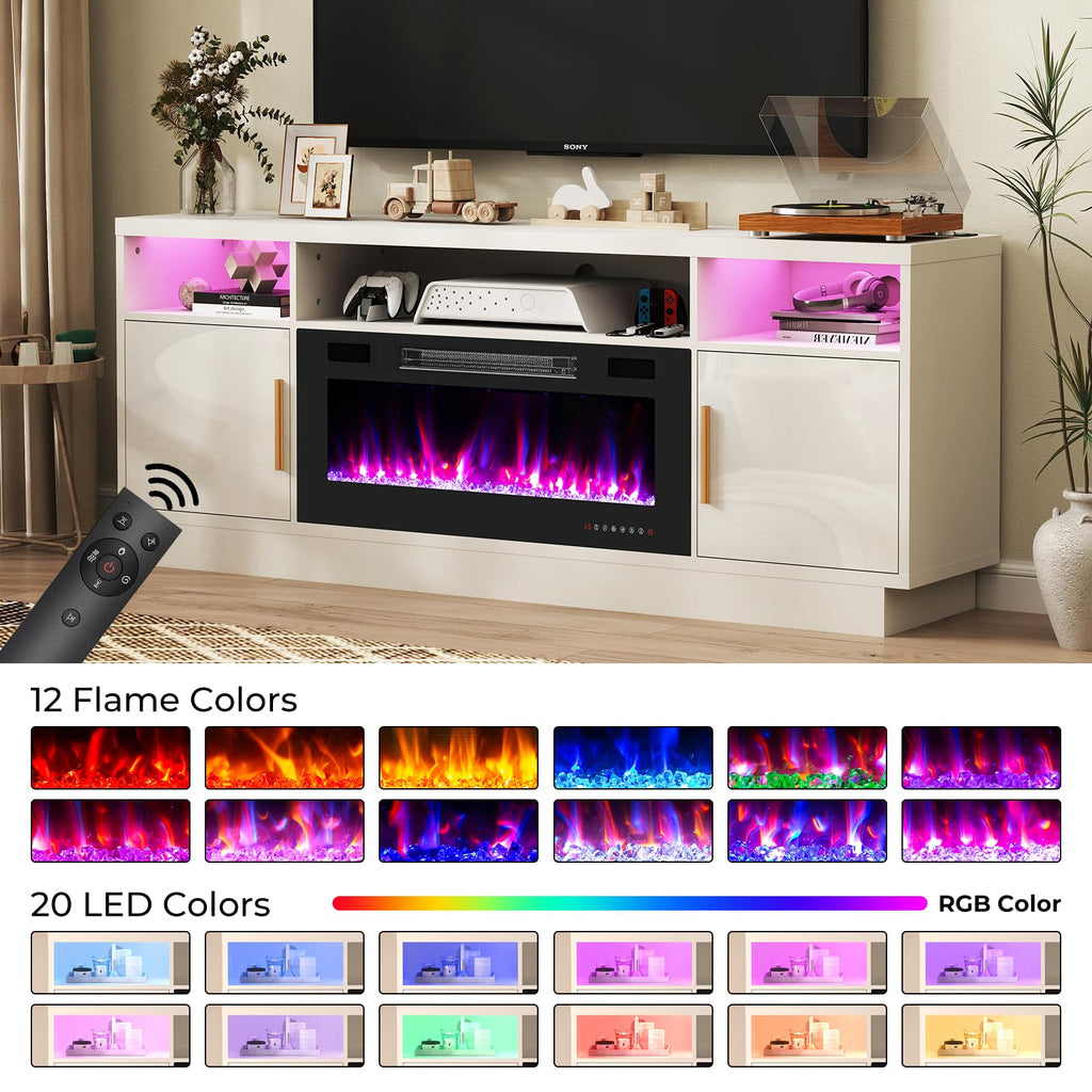 70" for TVs Up to 80" with 36" Electric Fireplace Heater LED Light Media Console Storage Cabinet, White Entertainment