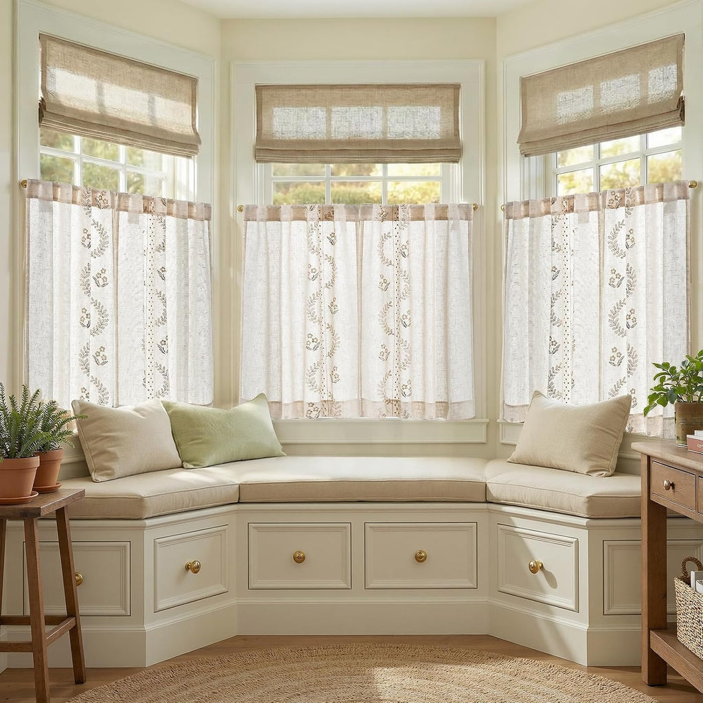 Linen Floral Kitchen Curtains 36 inch Length Embroidered Farmhouse Cafe Curtains for Living Room Bathroom