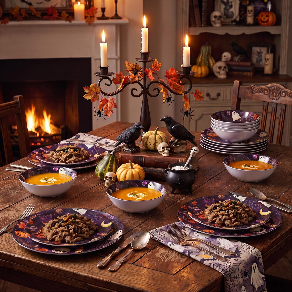 12-Piece Halloween Melamine Dinnerware Set, Service for 4,Dark Purple