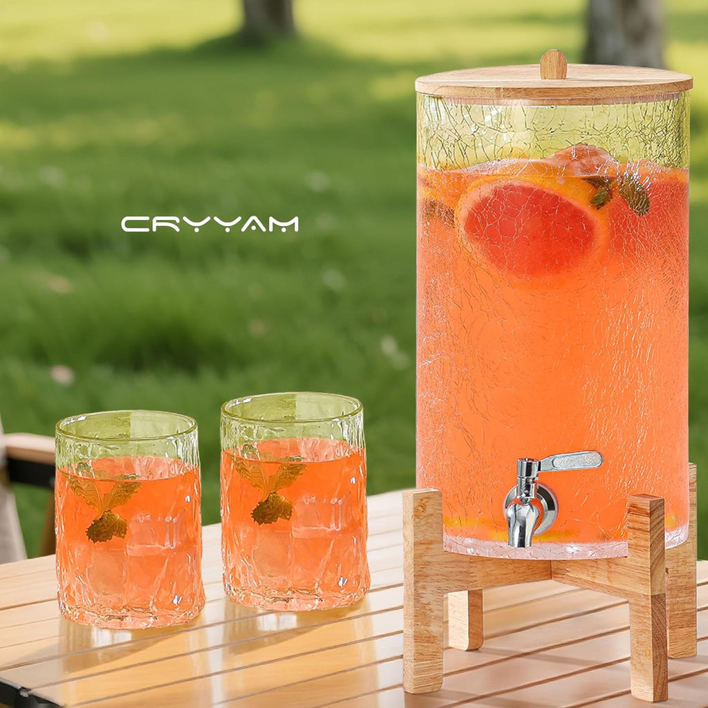 2 Gallon Glass Drink Dispenser with Stand, Beverage Dispenser with Wood Lid and Stainless Steel Spigot, Glass Water