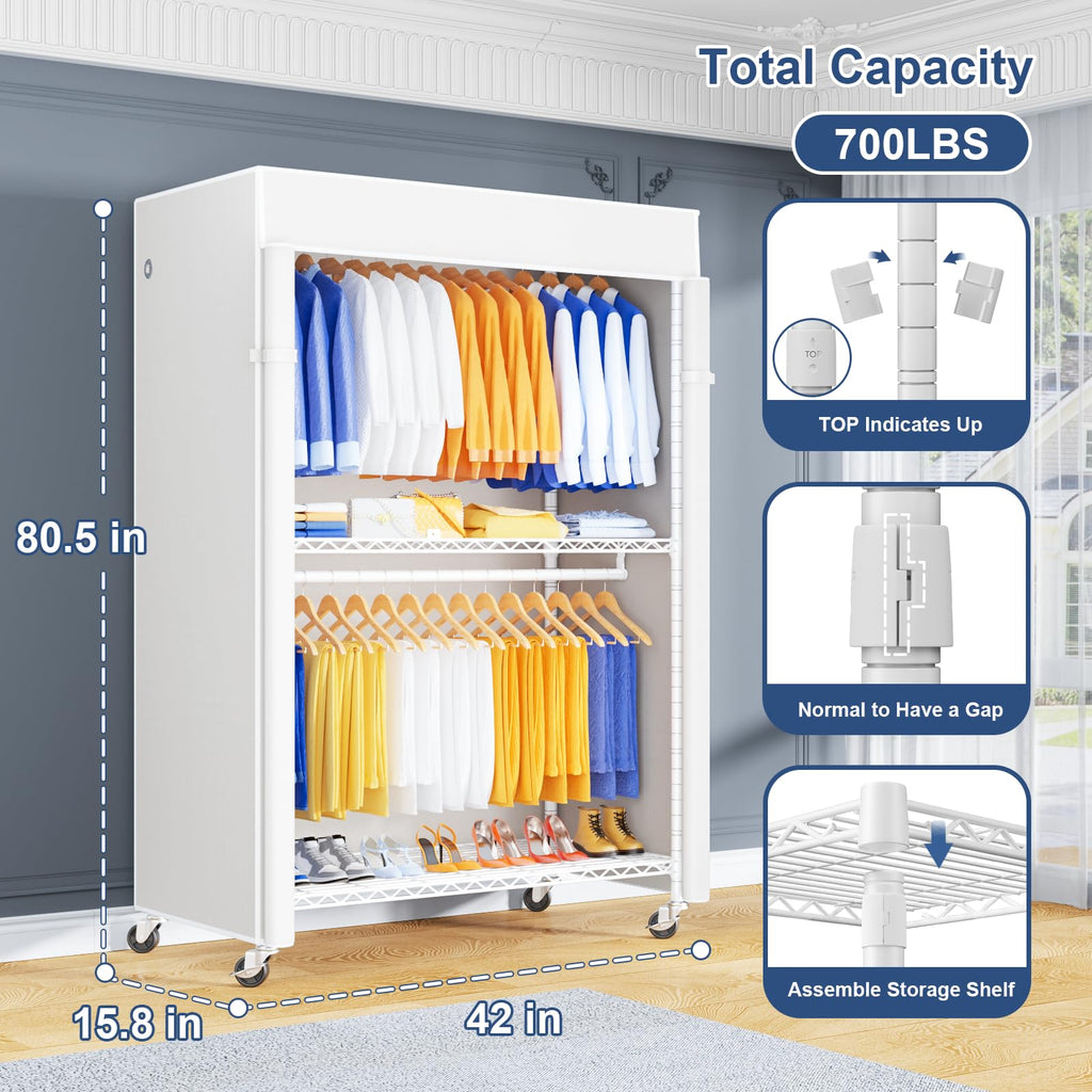 P8C Pro Heavy Duty Clothes Rack(With Extended Width Design) Rolling Clothing Racks for Hanging Clothes with Lockable
