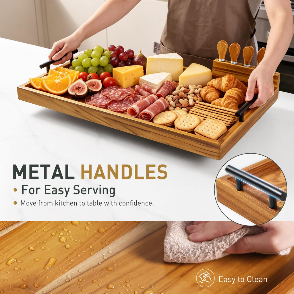 Teak 24 in Large Charcuterie Board with 4-Piece Cheese Knife Set
