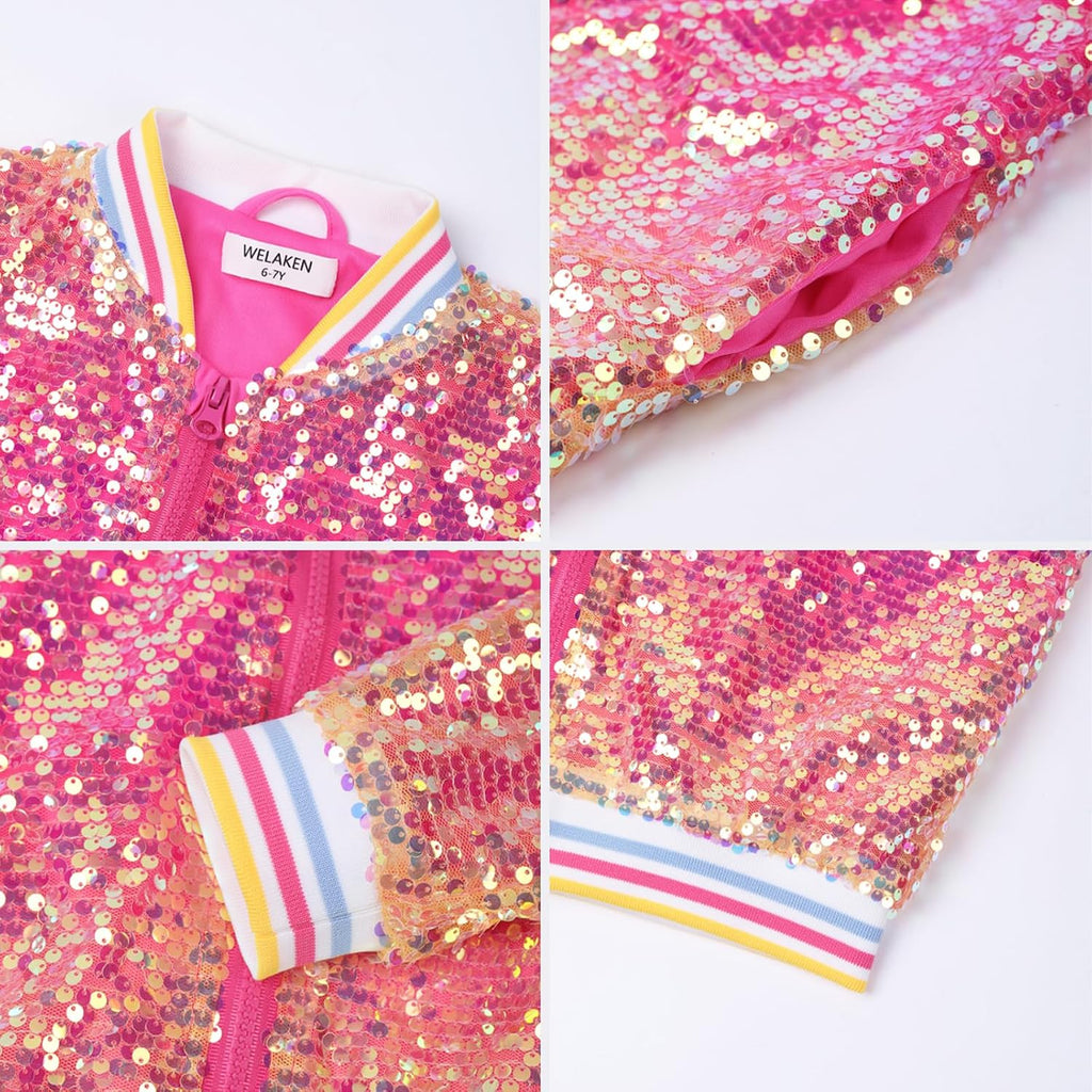 Girls' Ombre Sequin Bomber Jacket with Pockets Lightweight Sparkle Long Sleeve Zipper Gradient Jackets for Kid