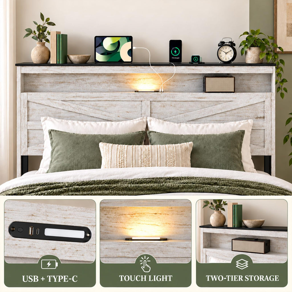 Farmhouse Bed Frame with LED Charging Headboard