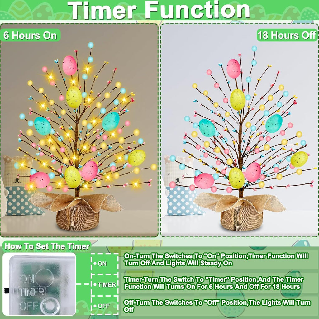 & Timer - Easter Decorations, Easter Tree Tabletop with 20 Warm White Lights Battery Operated 19 Inch 8 Large - Set of 2