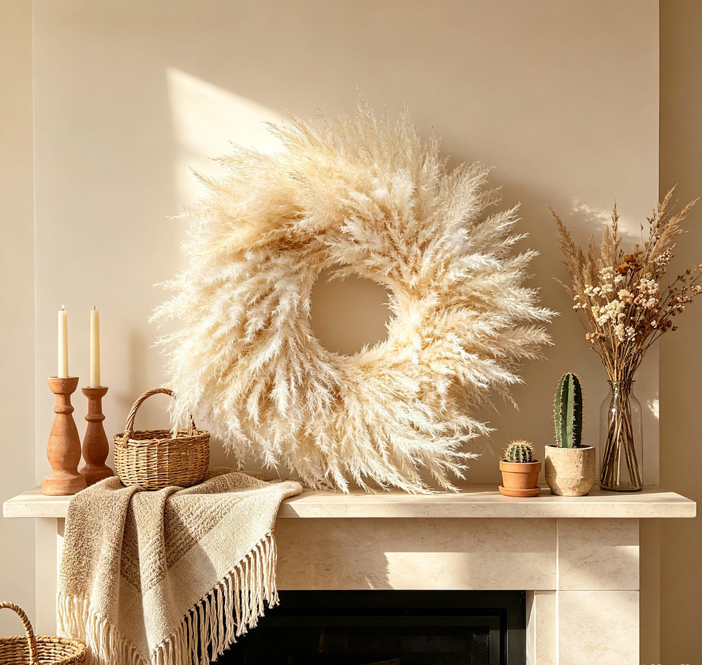 23'' Natural Pampas Grass Wreath for Indoor Decor, Handmade Dried Boho Wreath for Front Door or Wall, Rustic