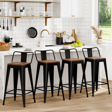 Metal Bar Stools Set of 4 Counter Height Barstools with Removable Back 24" Kitchen Bar Stools with Wooden Seat, Black