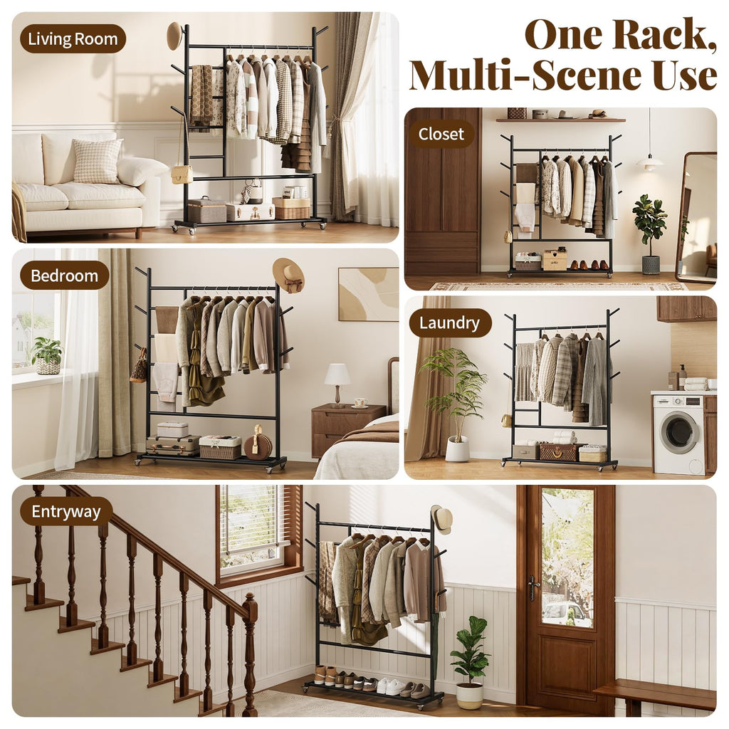Solid Wood Clothing Rack, 4-in-1 Wooden Clothes Rack with Wheels