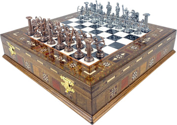 Luxury Greek Mythology Themed Chess Set- 12 inch Handmade Mosaic Chessboard with Storage- Ancient Greek Gods Inspired
