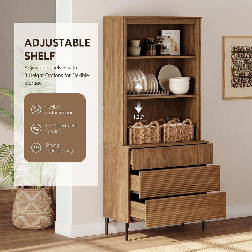 71.5" Tall Bookcase with 3 Drawers, Modern Fluted Bookcase with Adjustable Shelves, Wooden Storage Cabinet , Walnut
