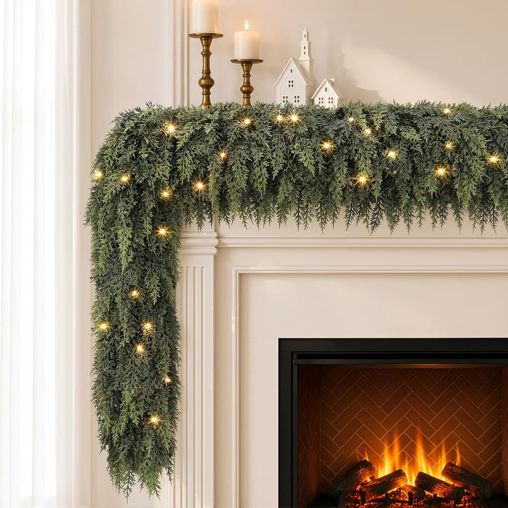 18FT Pre-Lit Cedar Christmas Garland with Lights, Real Touch Mantel Decor