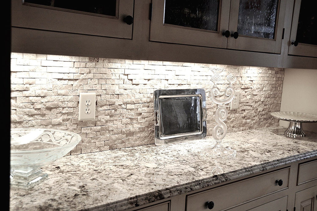 Light Travertine 1x2 Splitface Finish Mosaic Wall Backsplash Tile, Natural Stone, Ivory Color, 12"x12" Sheet, 1 sqf