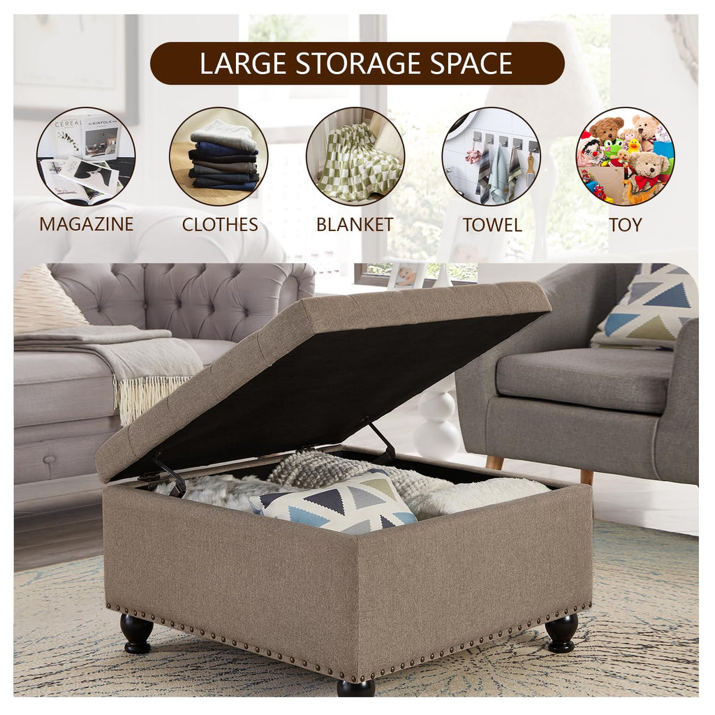 Upholstered Square Ottoman, 30 Inch Linen Fabric Button Tufted Storage Ottoman with Wooden Legs Coffee Table with