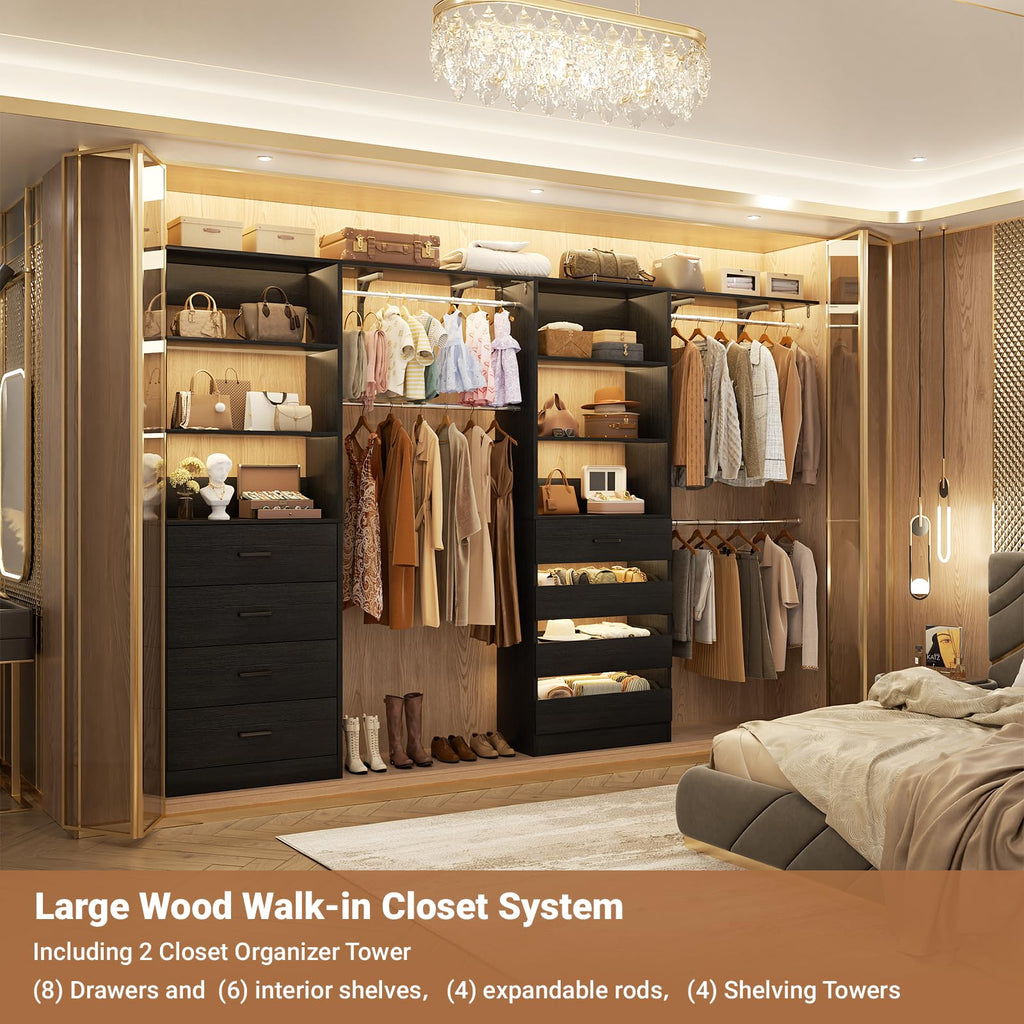 Closet System, Wood Closet Organizer System with 8 Drawers &4 Rods