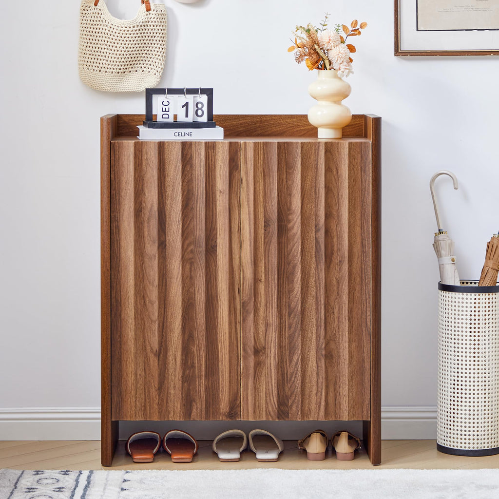 5-Tier Fluted Shoe Cabinet with Doors, Walnut