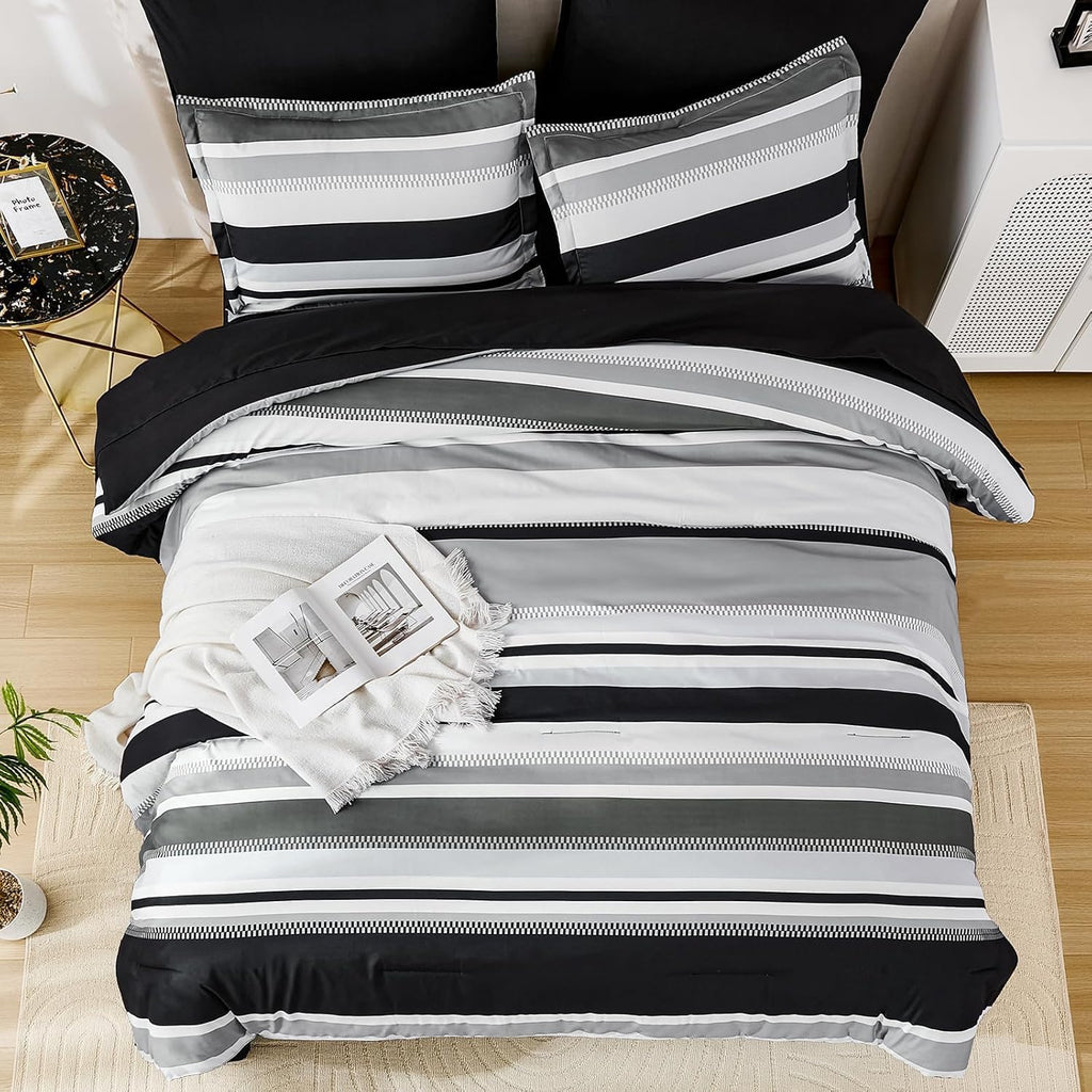 Queen Comforter Set, 7 Pieces Bed in a Bag Orange Queen Bed Set, Soft Boho Striped Bedding Sets with Sheets