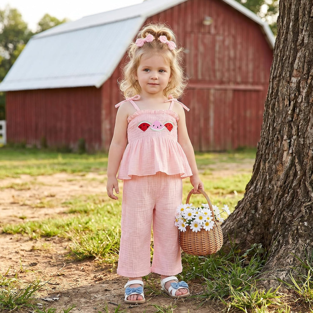 Toddler Girl Summer Outfits Strawberry/Watermelon/Avocado Smocked Tank Tops Linen Pants Cute Muslin 2 Piece Set