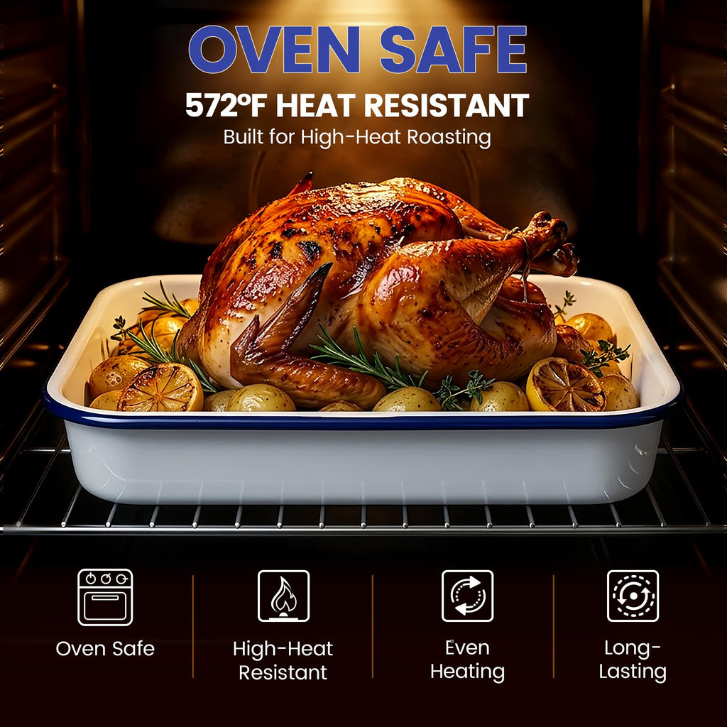 13x9 Inch Enamel Roasting Pan with Stainless Steel Rack, Heavy-Duty Rectangular Baking Pan for Oven Roasting, Baking