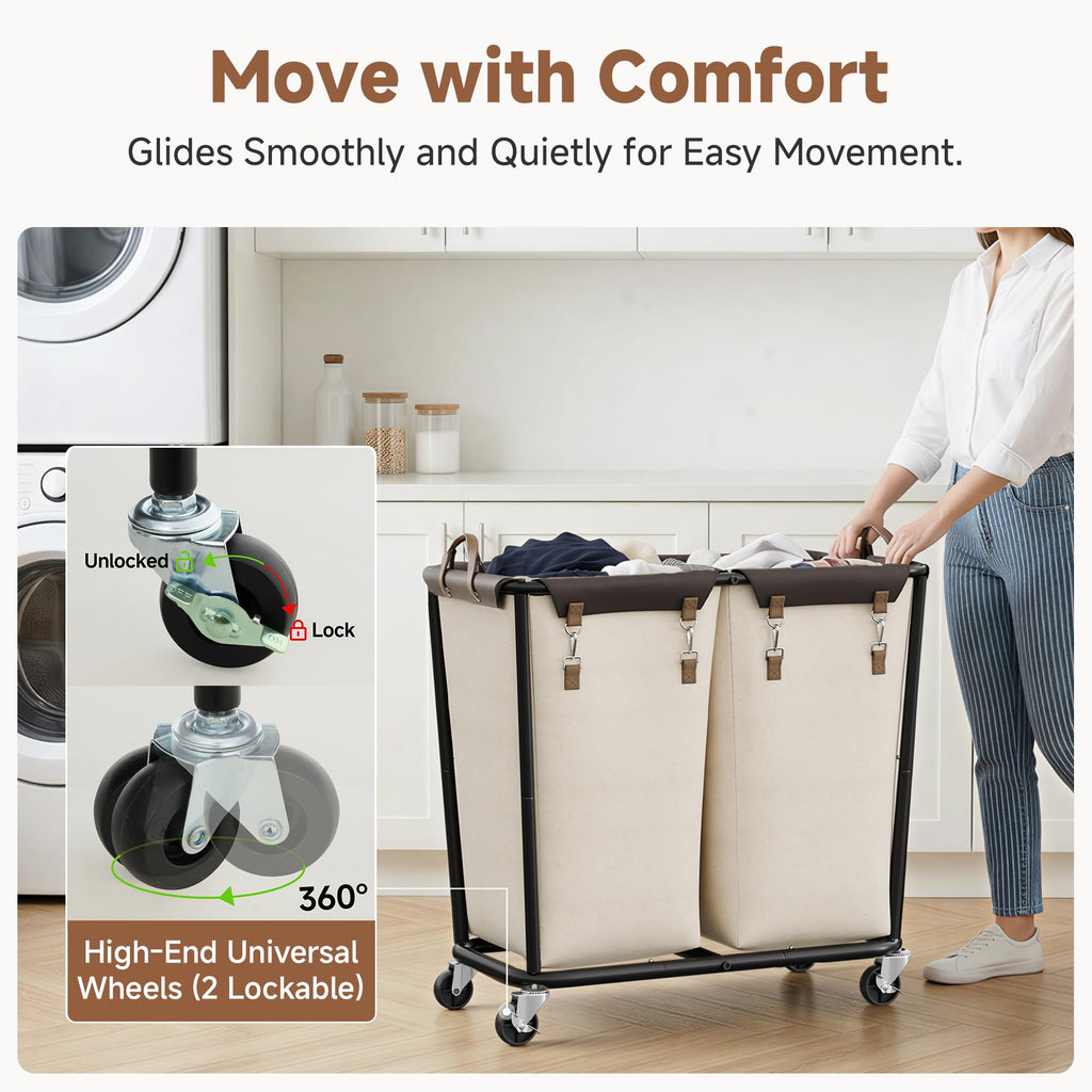 2 Section Laundry Hamper with Wheels, 280L Beige Sorter Cart