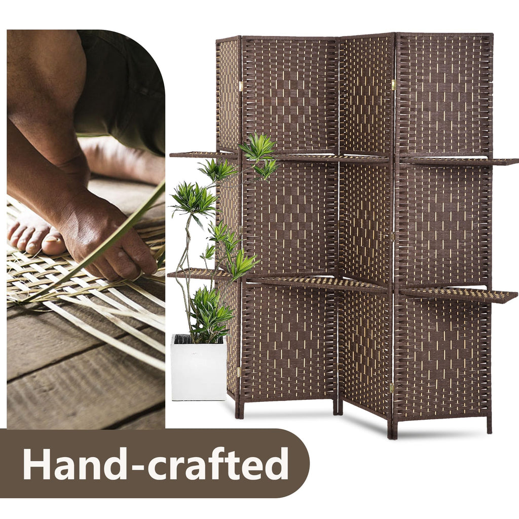 4 Panel Folding Room Divider with Shelves | 5.9ft, Dark Brown