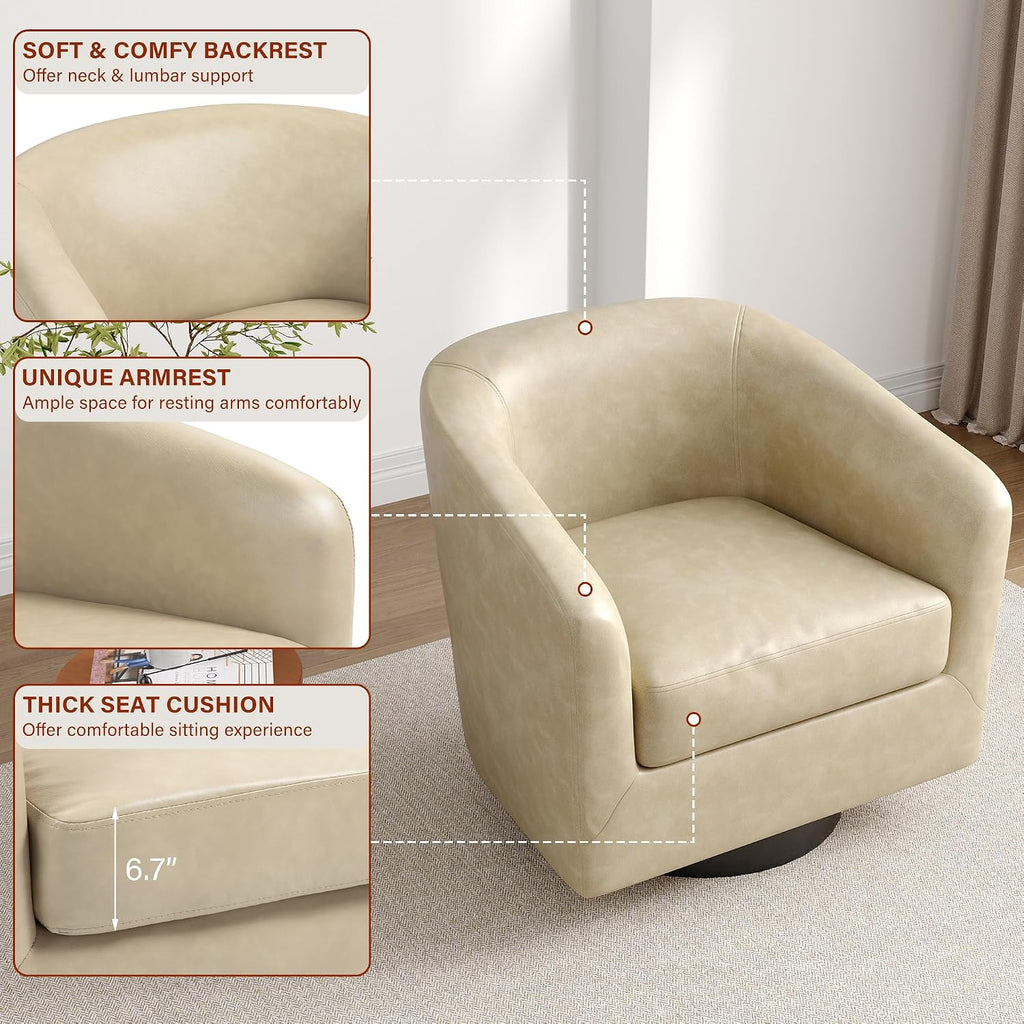 Faux Leather Swivel Accent Barrel Chairs, Round Armchair, Cream - Set of 2