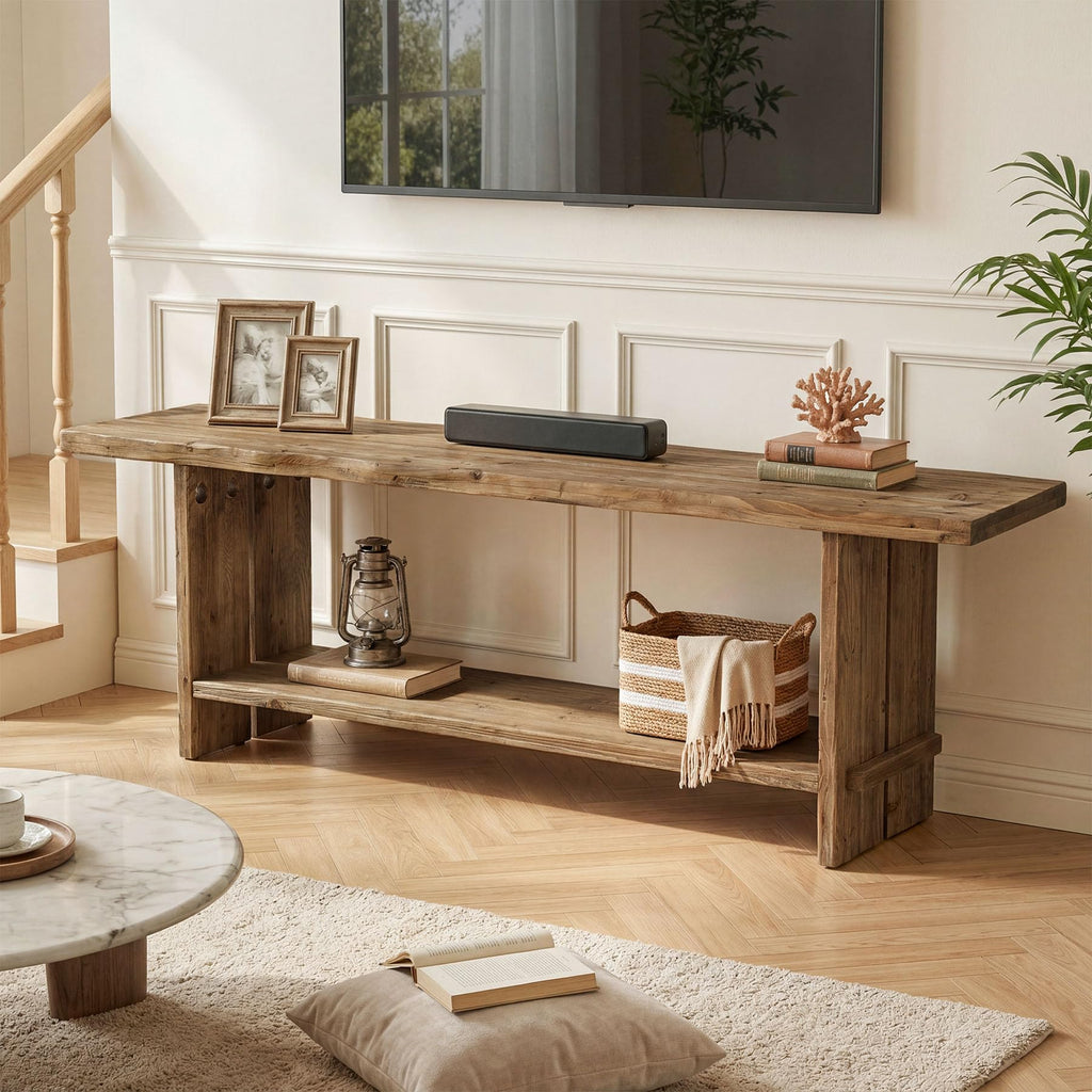 71" Solid Wood TV Stand for 55/65/75/85-Inch TV, 2-Tier TV Table