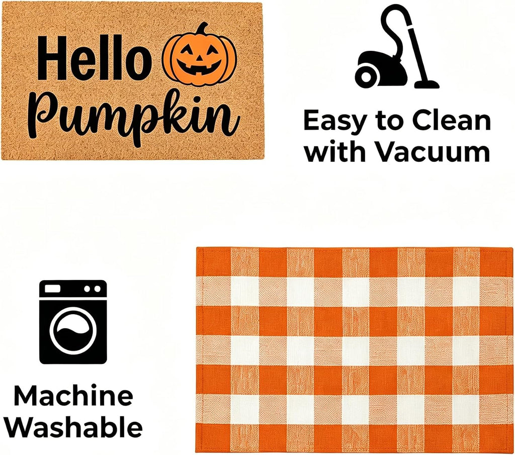 Halloween Layered Front Doormat Set, Hello Natural Coco Coir Door Mat + 28"x43" Orange White Buffalo Plaid Rug