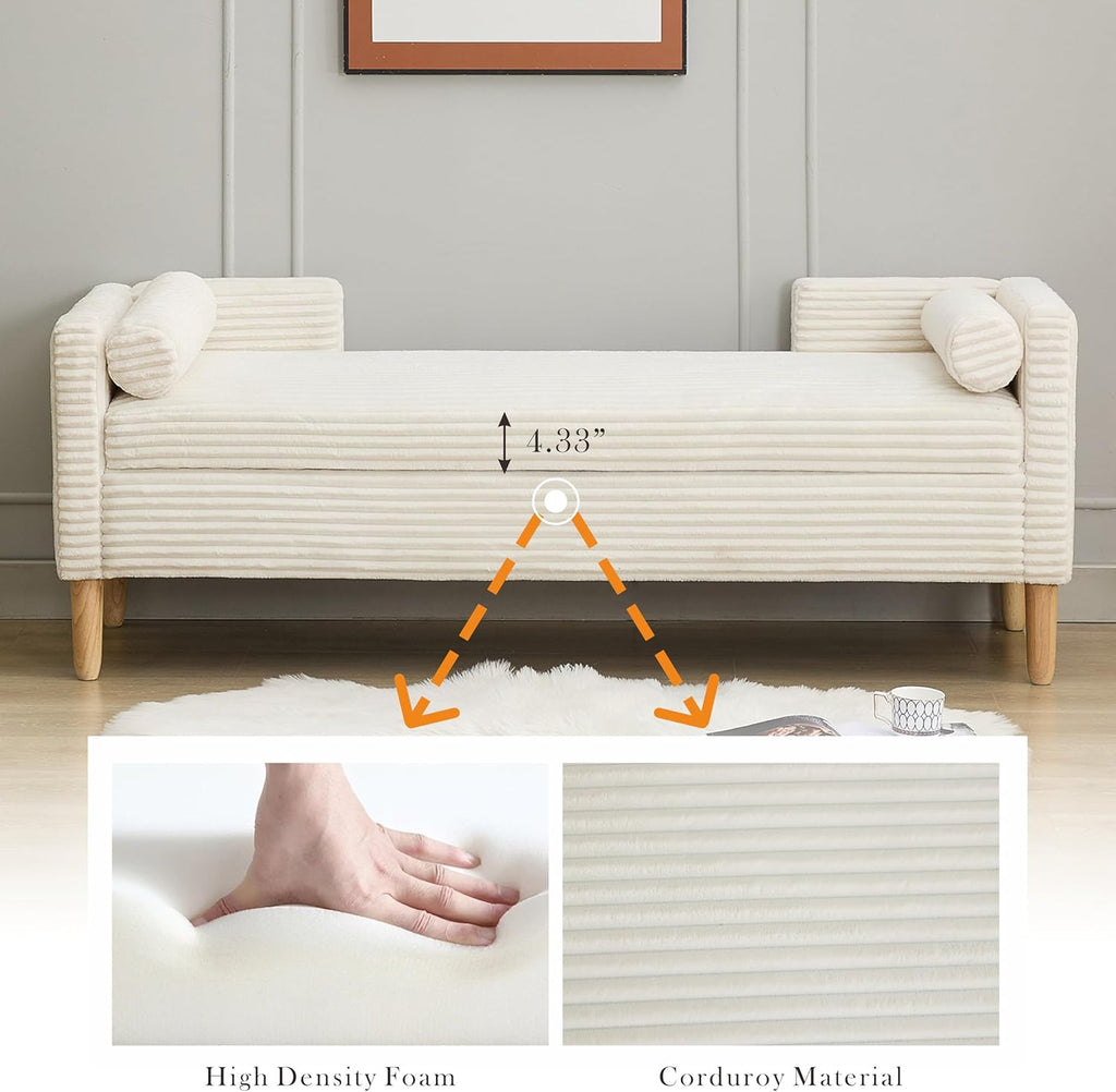 65.35" W End of Bed Bench King Size, Upholstered Large Storage Ottoman Bench with Bolster Pillows & Armrest, Window