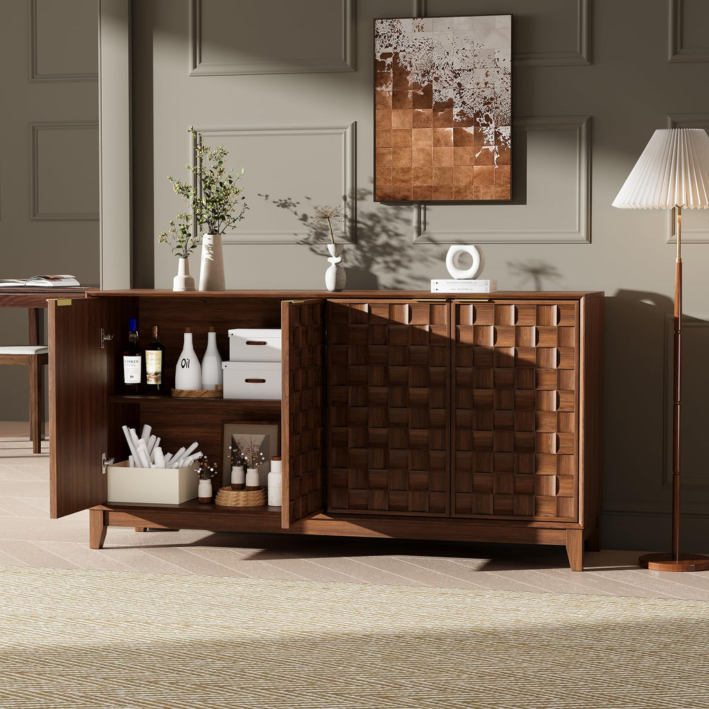 59" Fluted Sideboard Buffet Cabinet with Storage, Wood Buffet Table with 4 3D-Checkerboard Doors & Adjustable