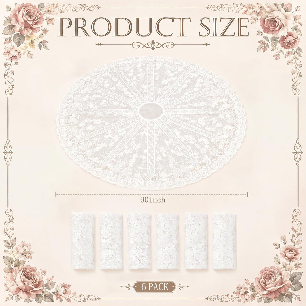 6 Pcs White 6 Pack Round Lace Tablecloth 90 Inch
