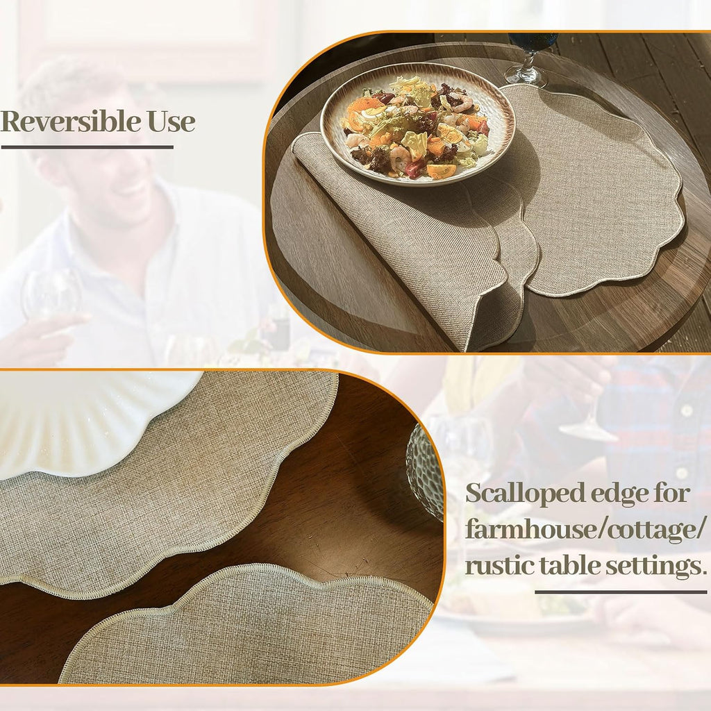 Round Faux Linen Placemats Heat Resistant Non-Slip Stain Proof Table Mats Dining Elegant Decor Place Mats - Set of 6